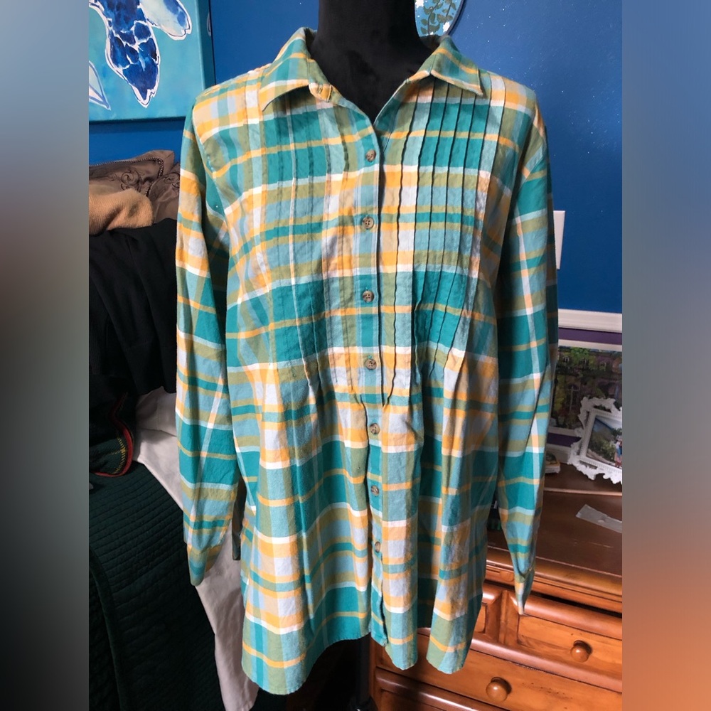 Coldwater Creek Teal and Mustard Plaid Shirt 1X